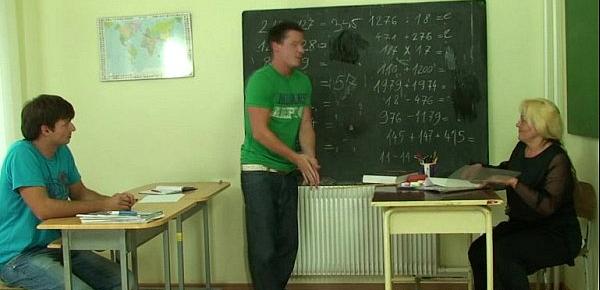  Two lucky studs have fun with old teacher